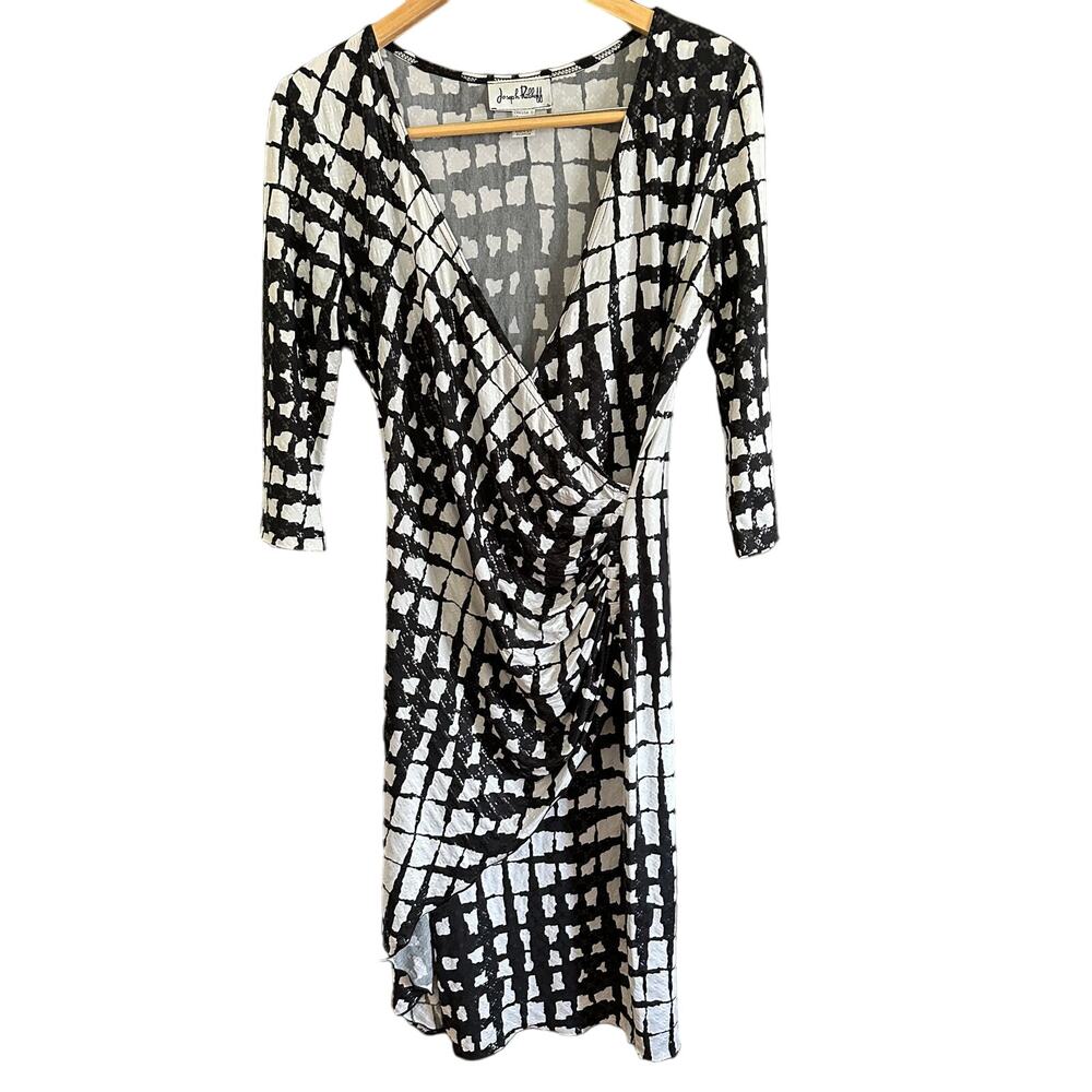 JOSEPH RIBKOFF | Black and White Graphic Faux Wrap Ruched Dress | Size 10 - Picture 2 of 7